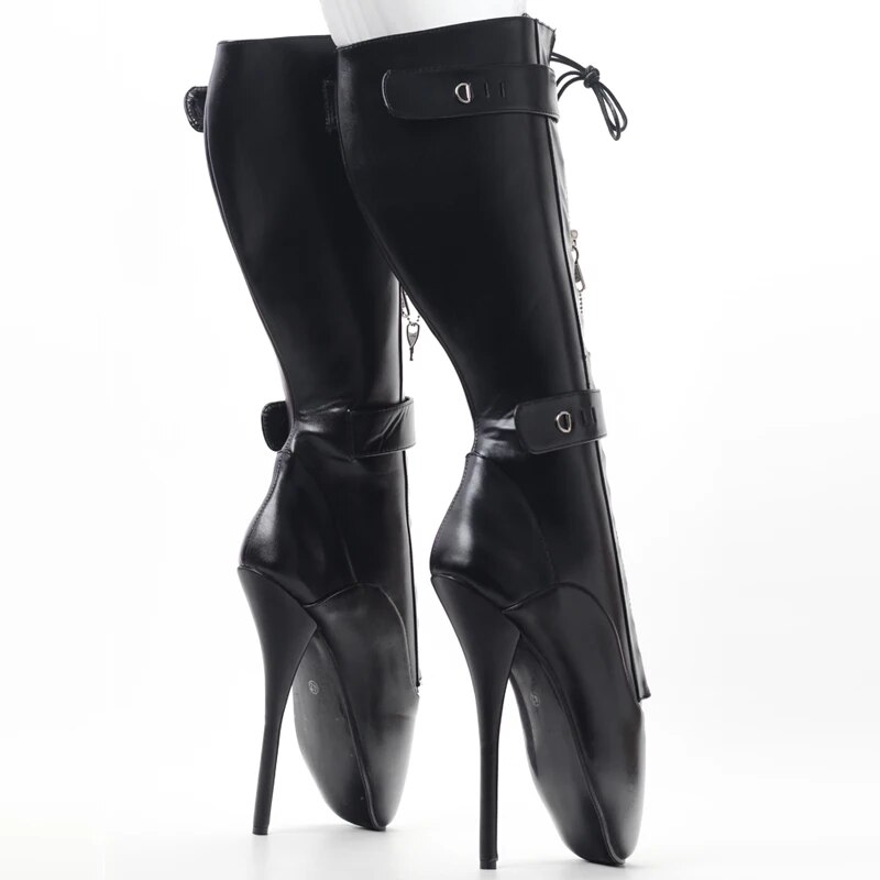 Fetish Ballet Knee Boots with Concealed Lace and Lockable Straps