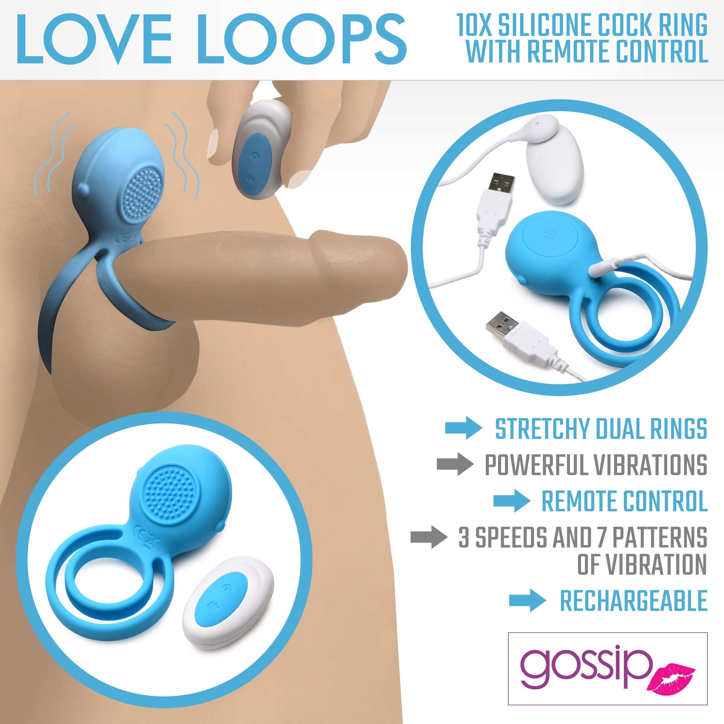 Love Loops 10X Silicone Cock Ring with Remote – Blue