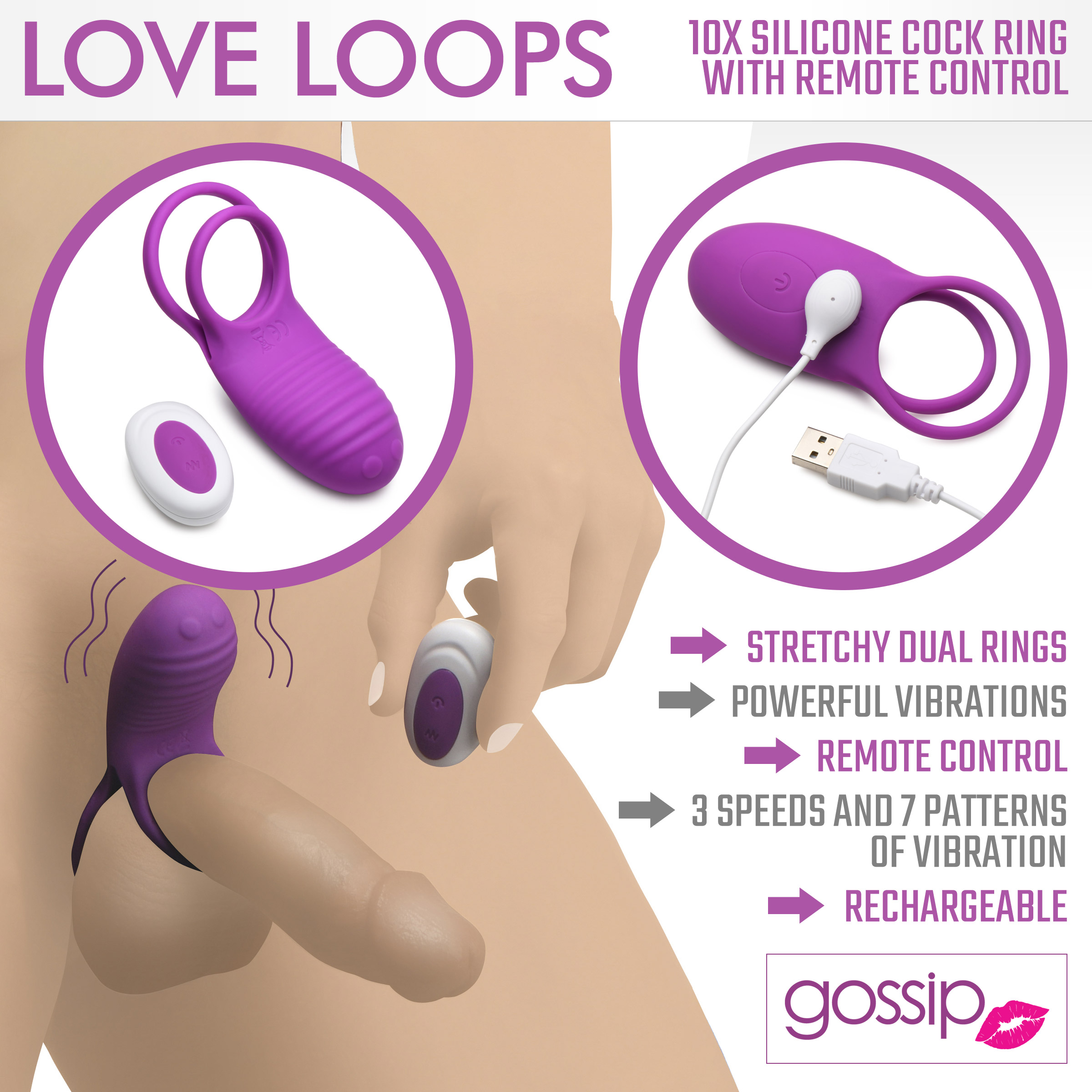 Love Loops 10X Silicone Cock Ring with Remote – Purple